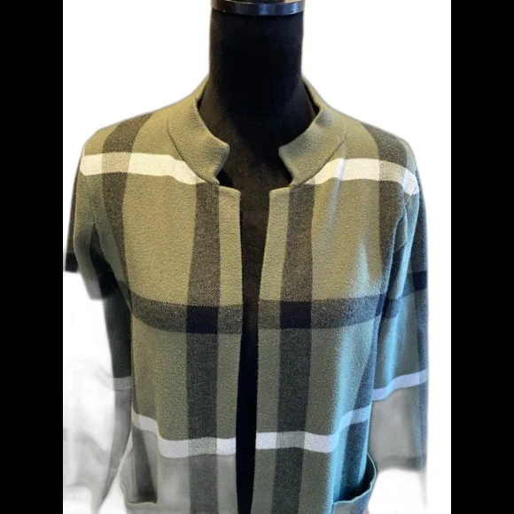 Tahari Windowpane Plaid Cardigan Sweater Long Pockets Size ? Medium to Large - Picture 2 of 12